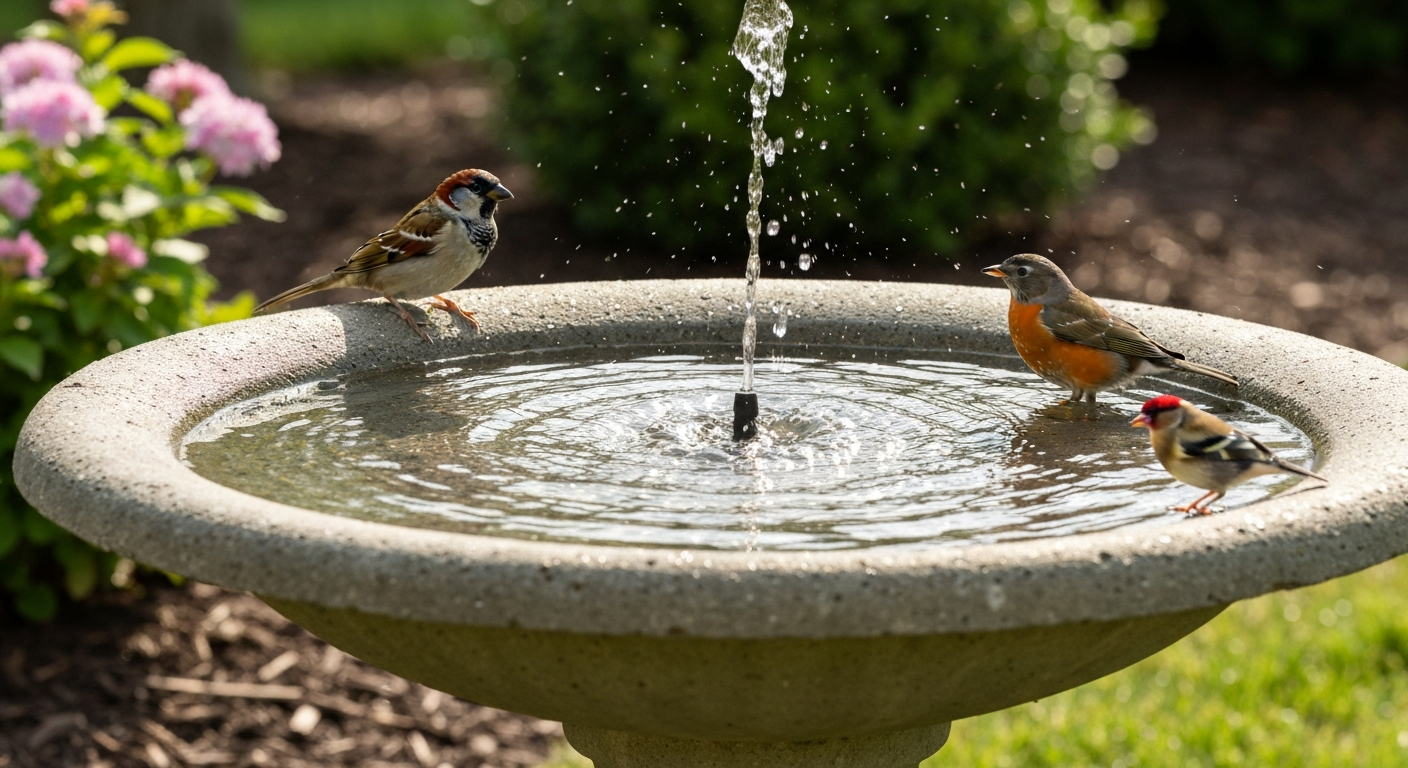 Shallow concrete bird bath with gentle bubbling water and small songbirds bathing in a sunlit backyard garden.