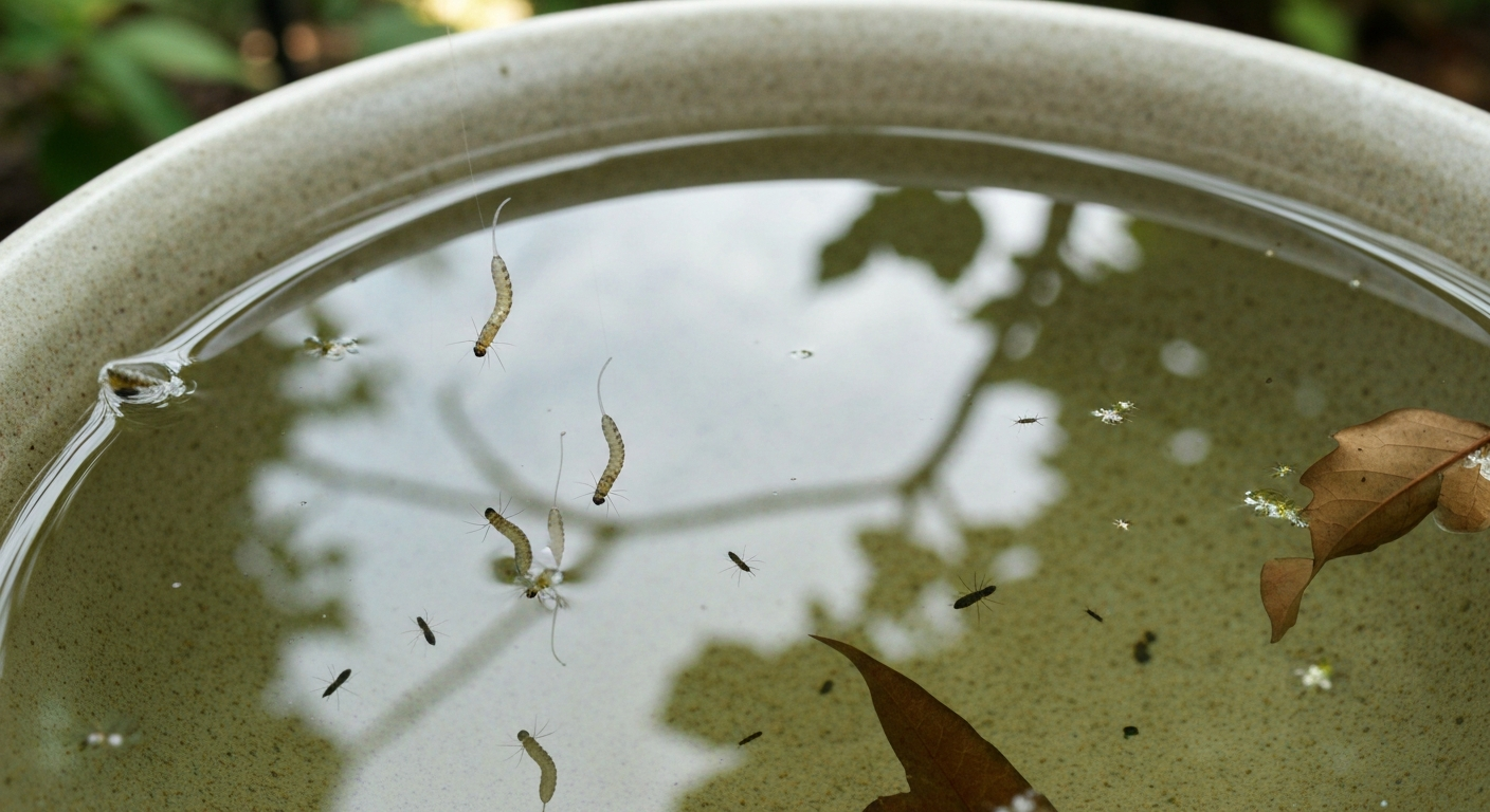 Top-down close view of a shallow ceramic bird bath showing mosquito larvae hanging at the water surface and small larvae near the bottom, with a soft garden background.