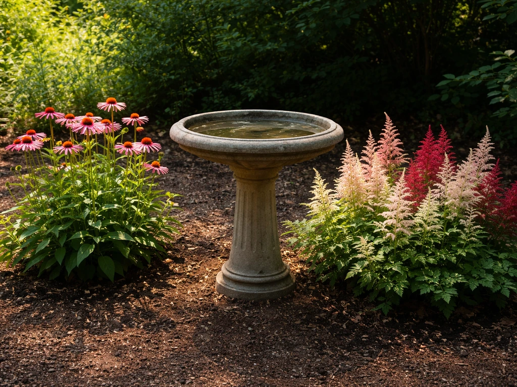 Birdbath with coneflowers in full sun beside astilbe in partial shade.