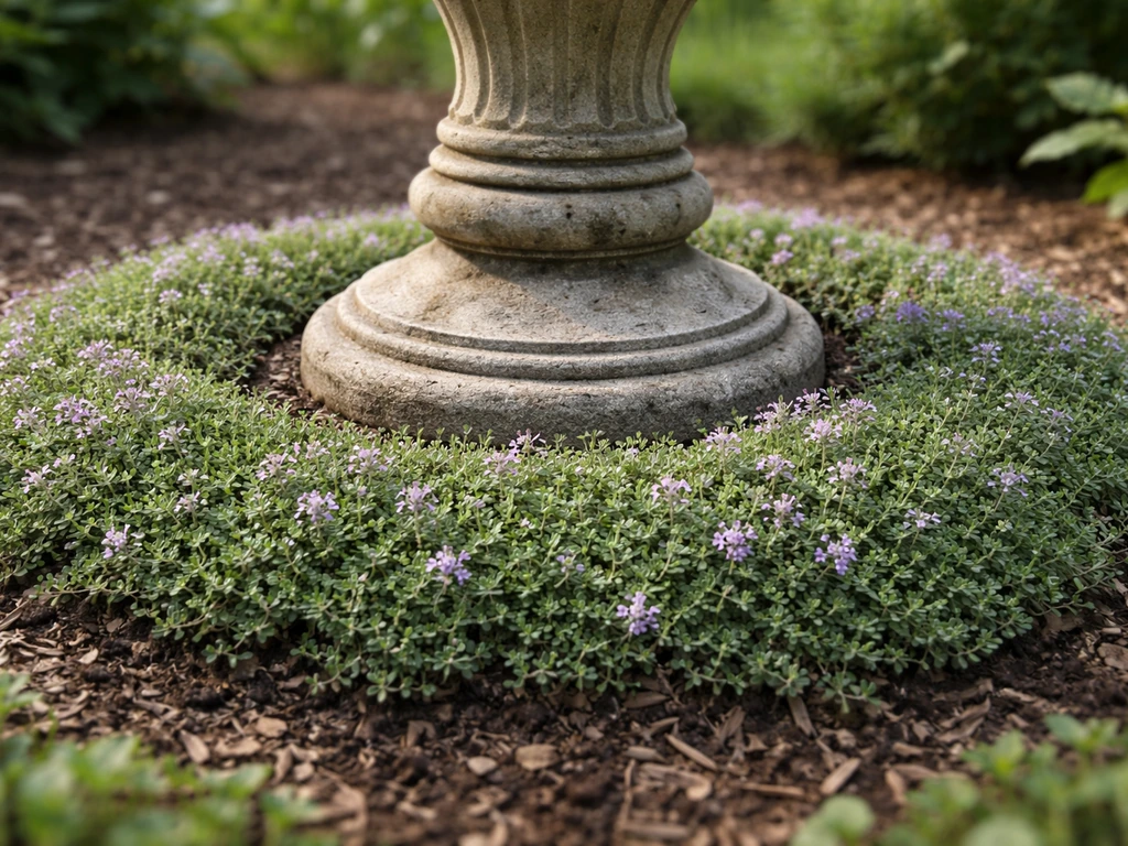 Birdbath surrounded by a neat ring of creeping thyme groundcover, weeds suppressed near the pedestal base