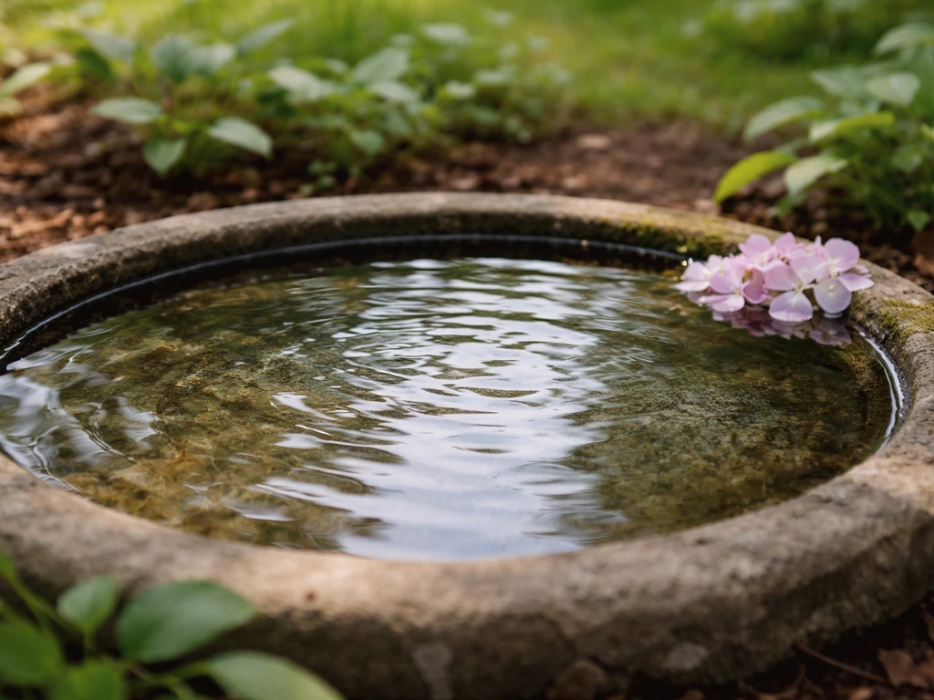 Clear bird bath water beside low-debris garden plants, with minimal leaf litter falling in