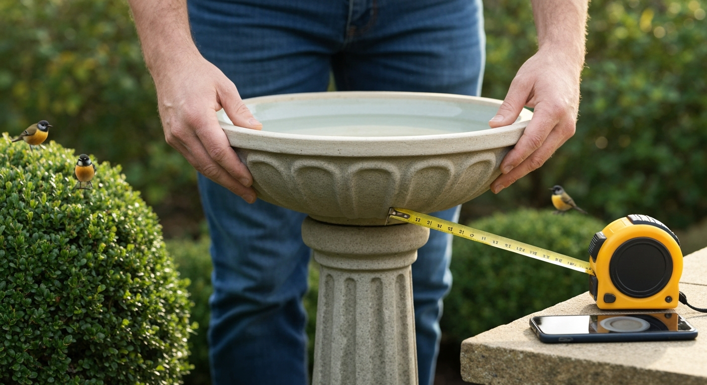 Hands placing a replacement bird bath bowl onto a stone pedestal in a garden, with a tape measure and smartphone nearby.