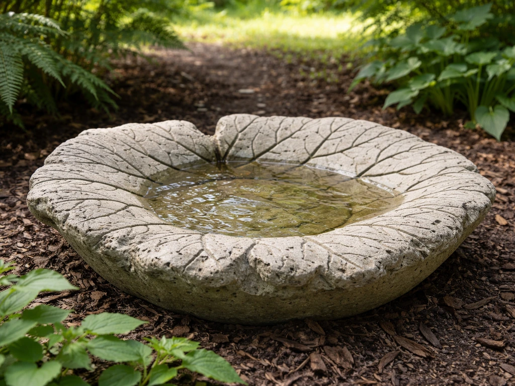 Finished concrete rhubarb-leaf bird bath with shallow water in a backyard garden