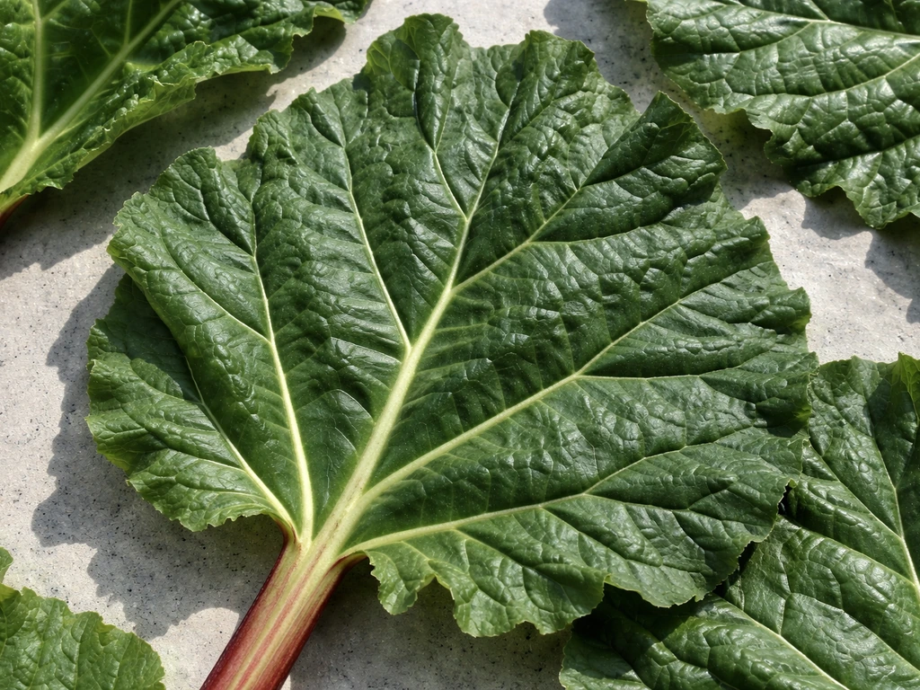 Fresh rhubarb leaves close-up on concrete, highlighting deep vein patterns.