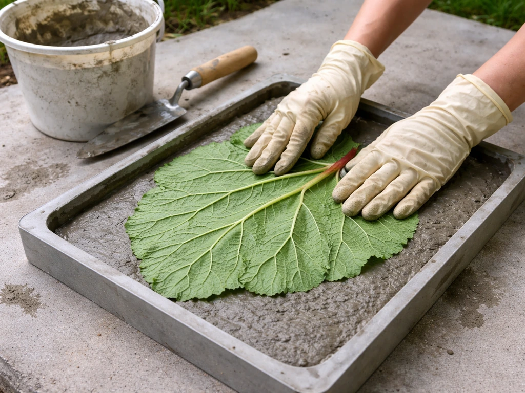 Gloved hands place a large rhubarb leaf into concrete mixture to create a bird bath cast.