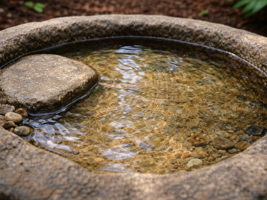 Shallow bird bath basin with a flat stone insert on one side creating a shallower entry edge