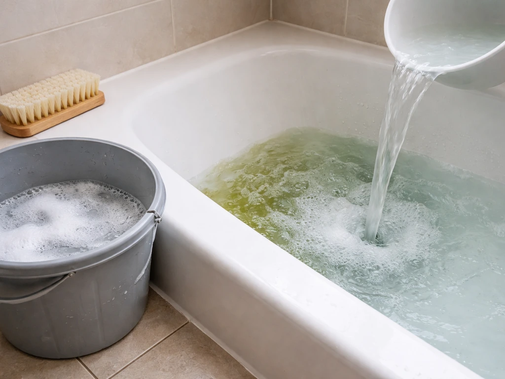 Soapy bucket and scrub brush beside a bathtub as greenish water is being replaced with fresh water.