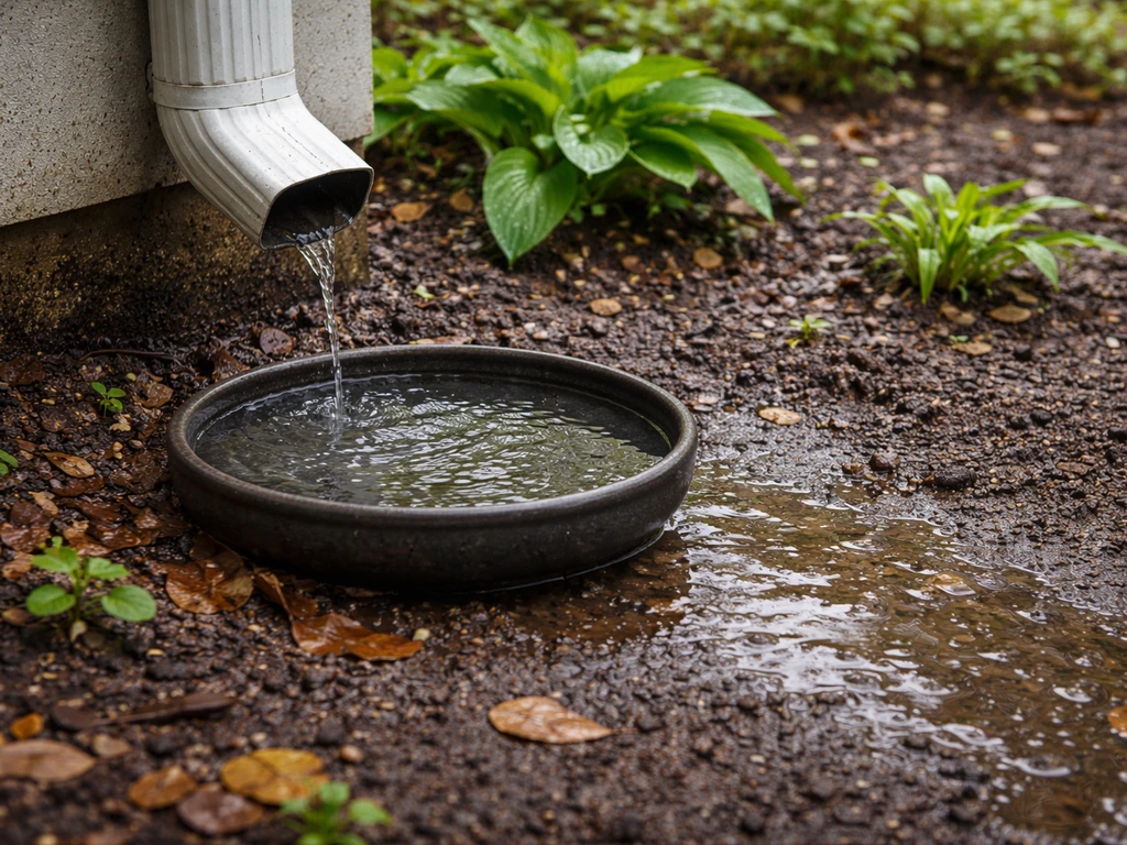 Shallow bird water dish catching rain runoff near a downspout drip edge on wet garden soil.