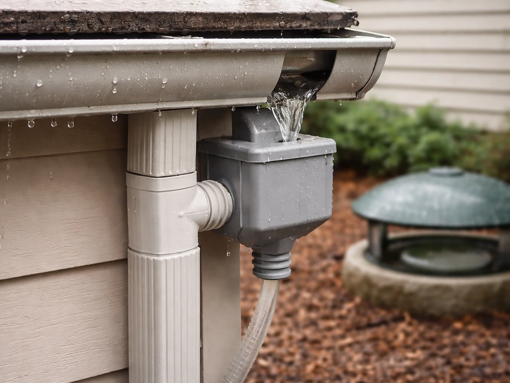 Close-up of a rain gutter and downspout with a first-flush diverter collecting runoff away from a bird feeder.