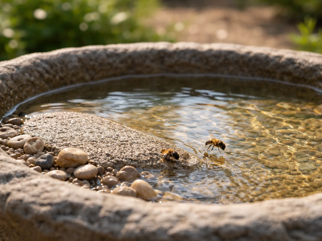 Bee-safe bird bath in a garden with shallow water and textured landing area for bees