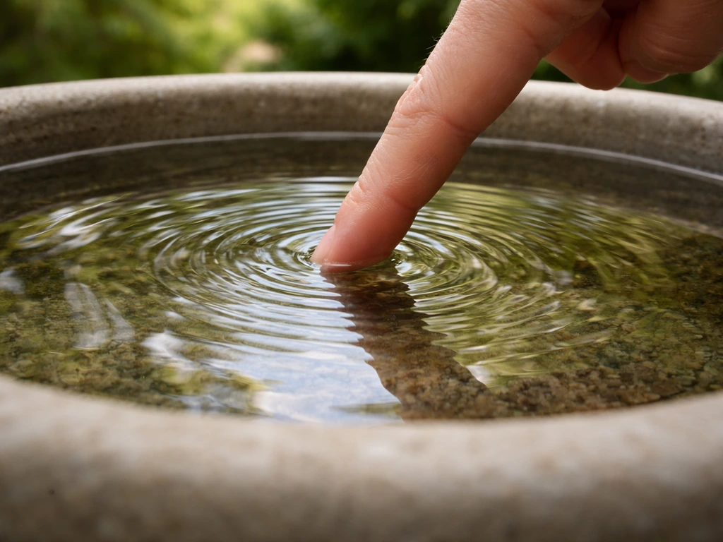 Close-up of a fingertip checking shallow water depth in a bird bath basin (about 2 inches).