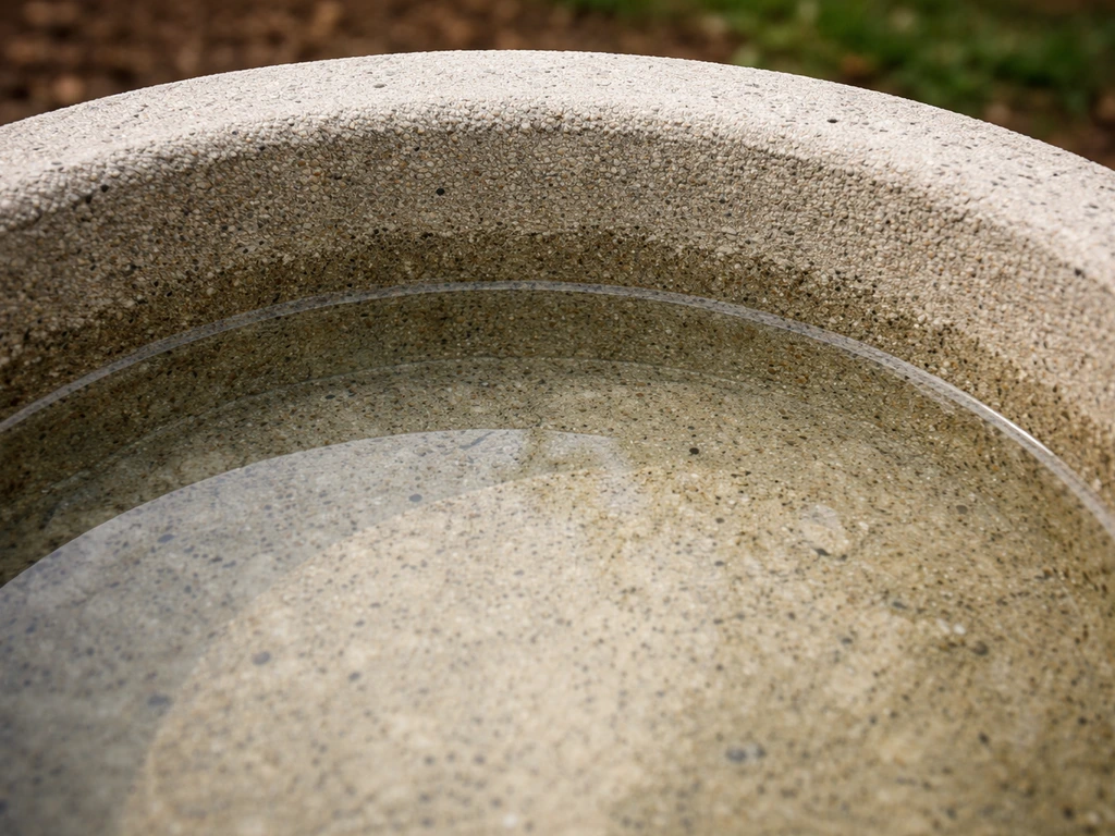Top-down view of a bird bath rim with visible waterline and a textured basin floor for bee access