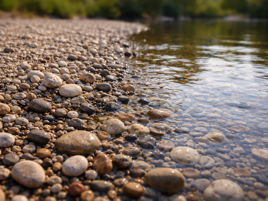 Close-up of pebbles forming a shallow textured gradient next to a shallow water edge where bees could land.