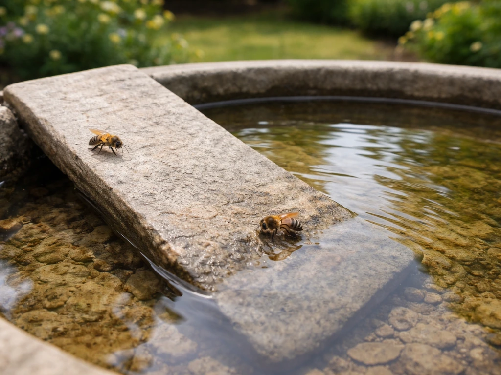 Sloped stone ramp in a bird bath, showing a dry-to-wet water gradient with small bees nearby.