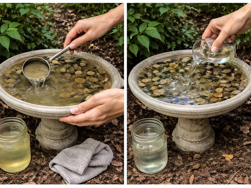 Hands empty and refill a bee-friendly bird bath with fresh water, with vinegar mixture nearby for safe cleaning.