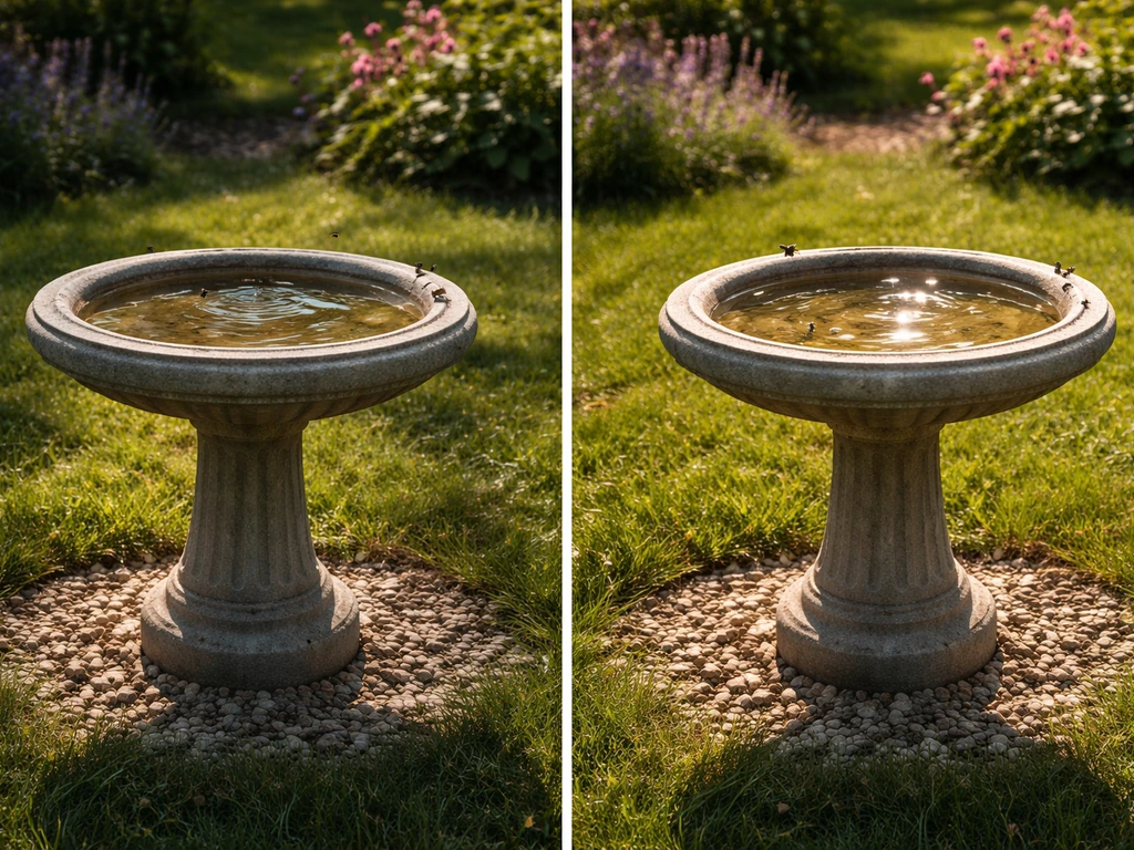 Garden bird bath in partial shade with bees-friendly placement, with another view showing a full-sun spot