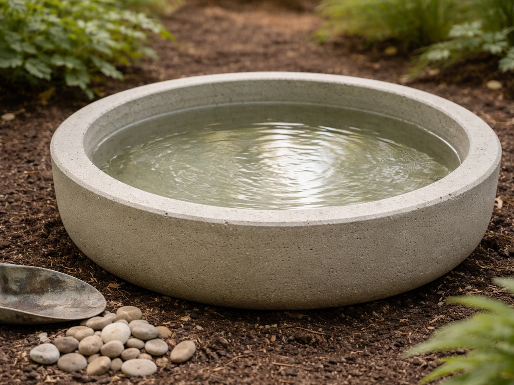 Close-up of a smooth finished DIY concrete bird bath filled with clear standing water in a backyard garden.