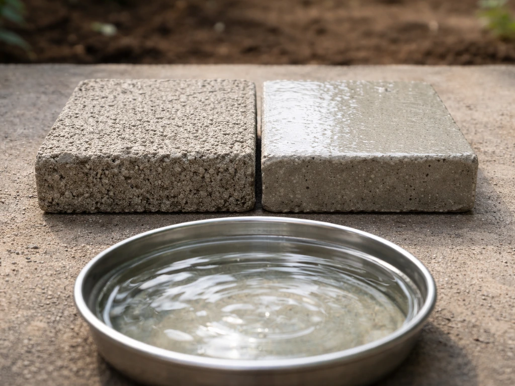 Close-up comparison of rough vs smooth cured concrete with a small dish of bird-safe water nearby