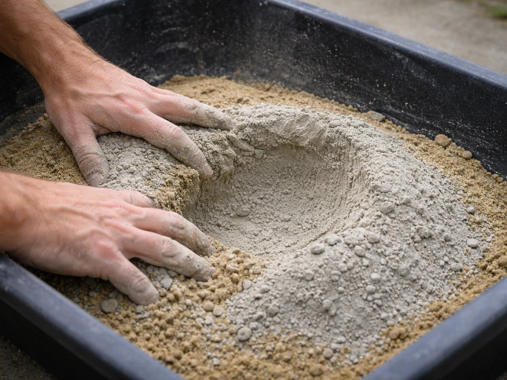 Hands mixing dry Portland cement and coarse builder’s sand in a plastic tub, no water added yet.