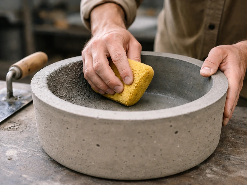 Worker finishing a concrete bird-safe basin interior with wet sponge, leaving smooth finish ready for water