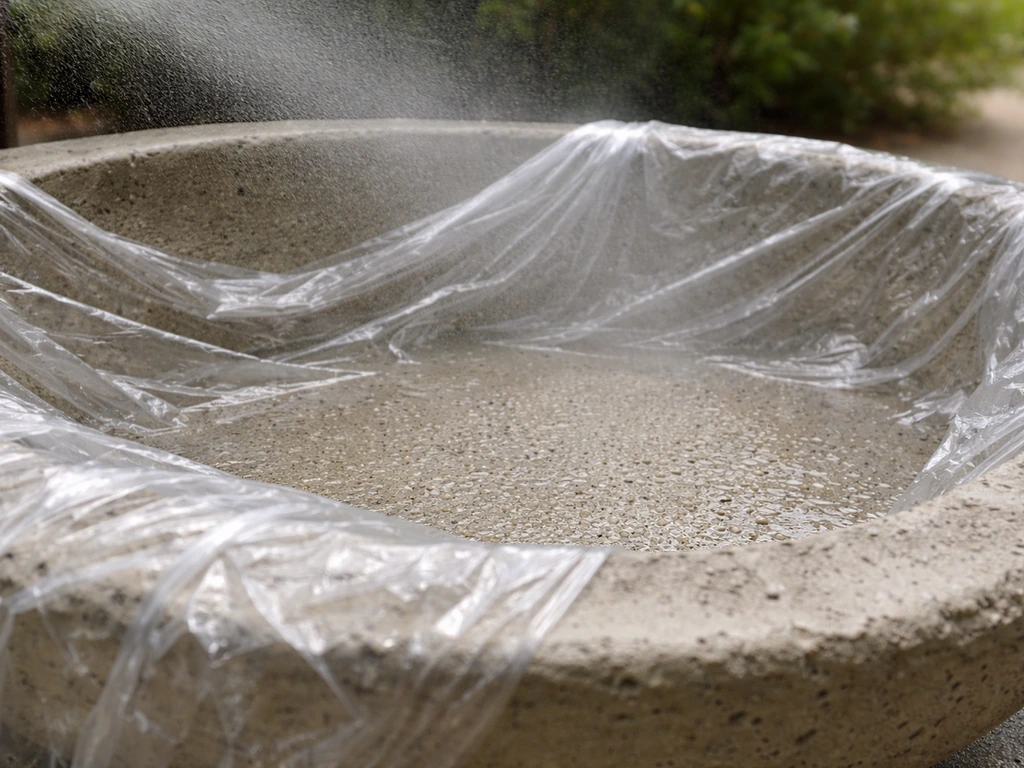 Close-up of a cement bird bath basin interior being misted and wrapped to keep curing moist.