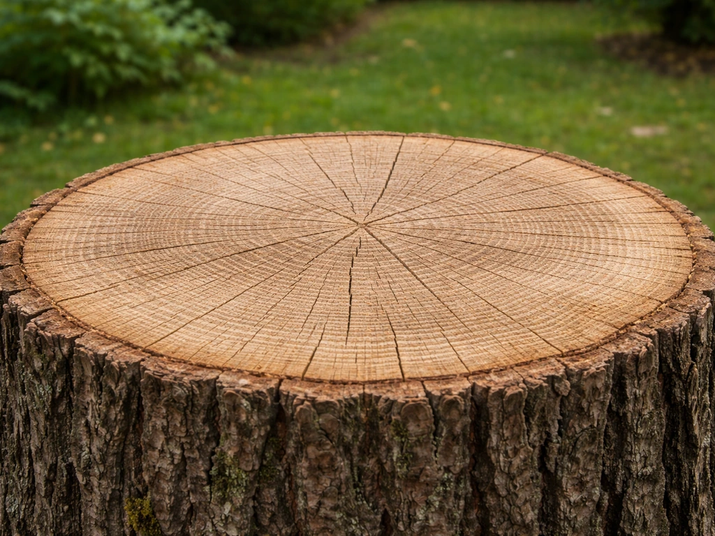 Close-up of a firm, dense tree stump surface with visible healthy wood grain, outdoors.