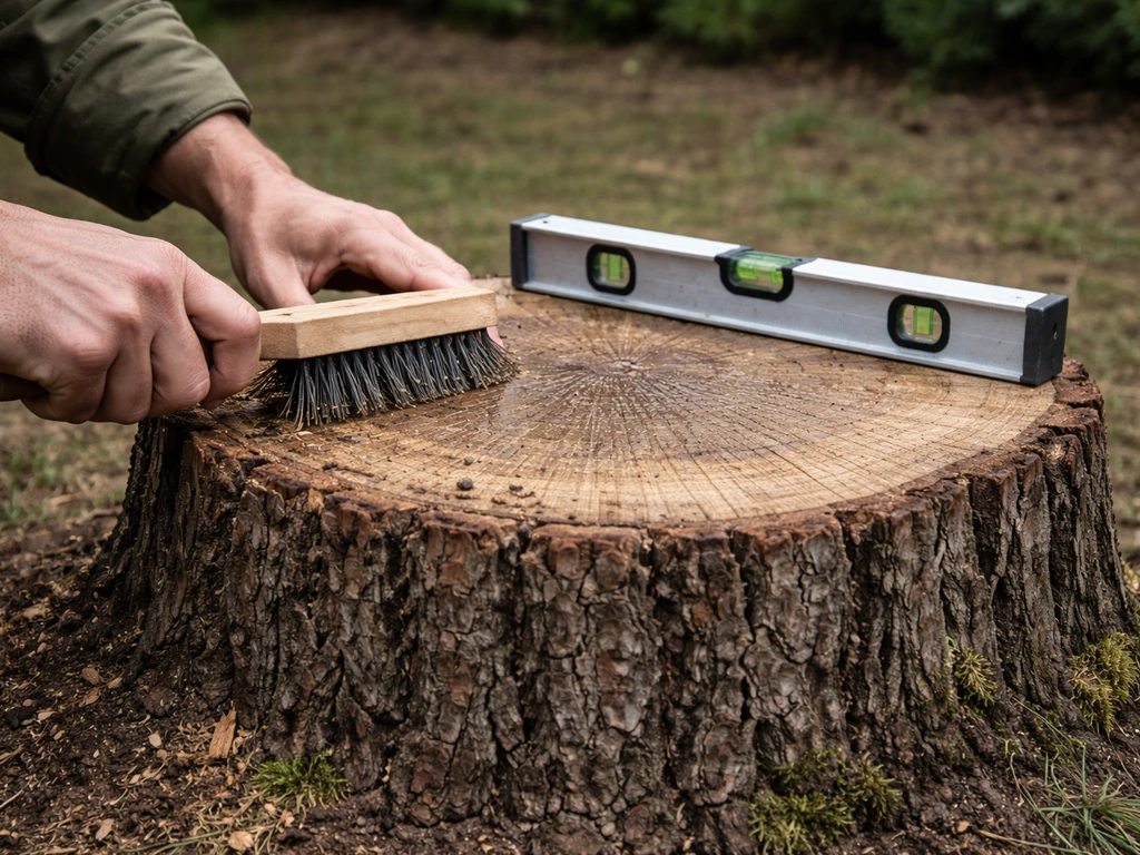 Person wire-brushing loose bark and moss from a tree stump, top surface being cleaned and leveled