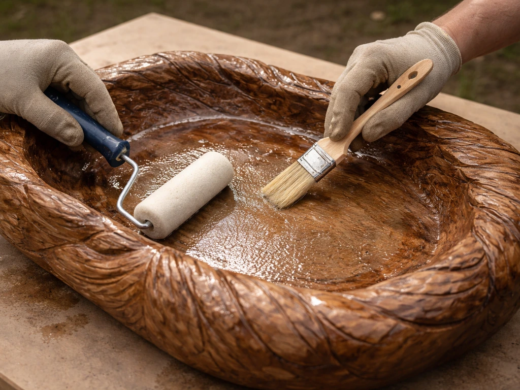 Person applying epoxy pond coating with a roller to a carved outdoor bird bath basin