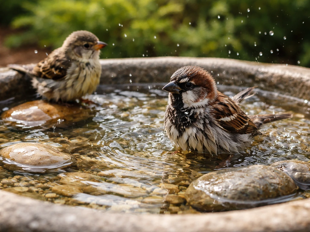 Two small birds bathing in a shallow bird bath with rocks creating safer footing and easy access.
