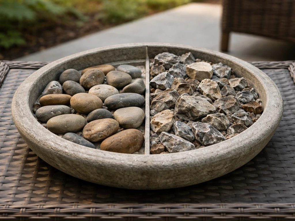 Bird bath filled with smooth river rocks beside sharp rough stones showing safe vs unsafe options