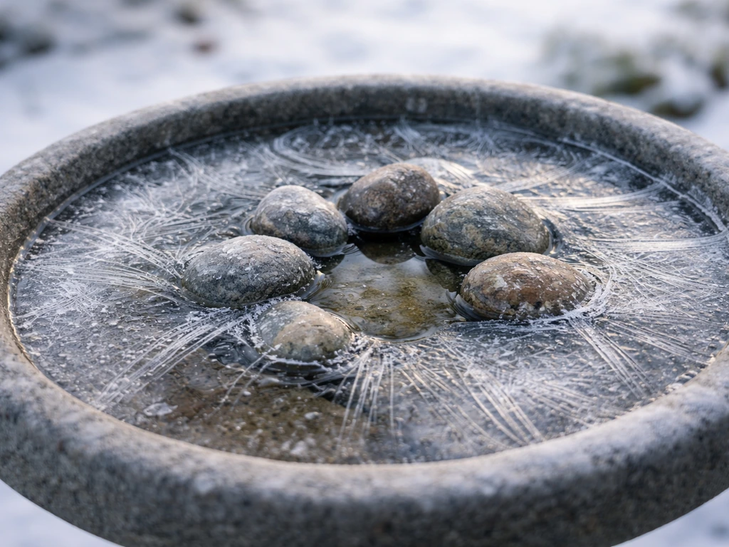 Winter bird bath with frost and a close-up view of rocks where water freezes around stones