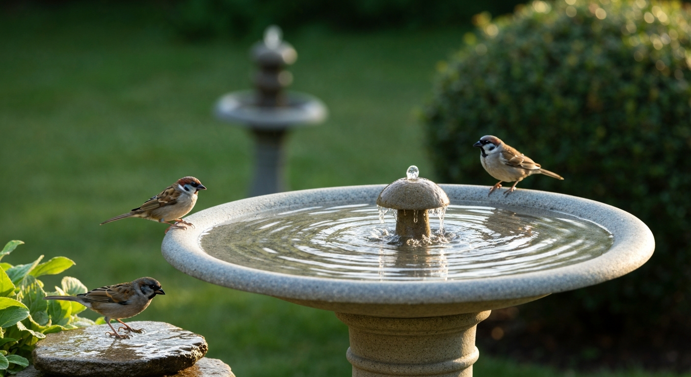Pedestal bird bath with gentle moving water and small songbirds drinking