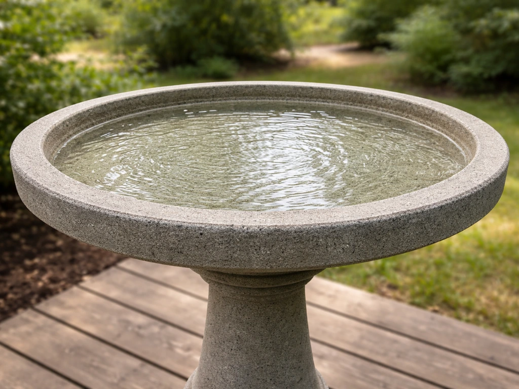 Finished DIY bird bath top on a stable pedestal with a shallow, non-slip water surface in a backyard