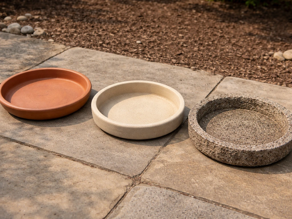 Three bird bath top materials side by side: terracotta saucer, unglazed ceramic, and rough hypertufa basin.