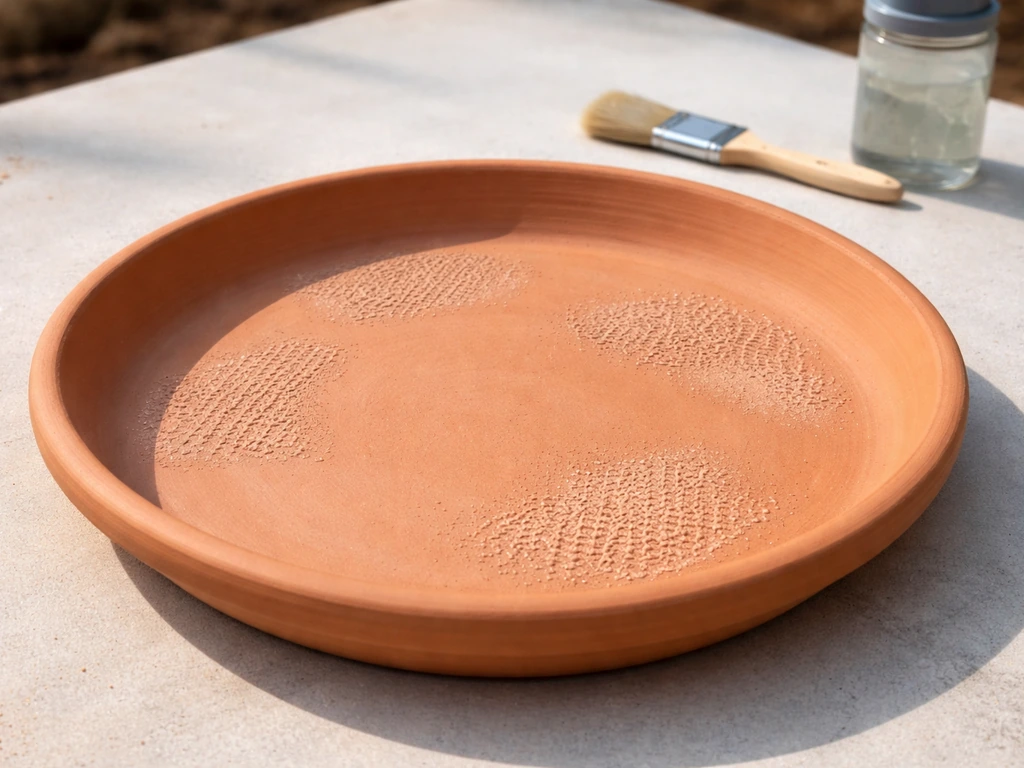 Terracotta saucer on a work surface with rough non-slip texture and sealant brush nearby