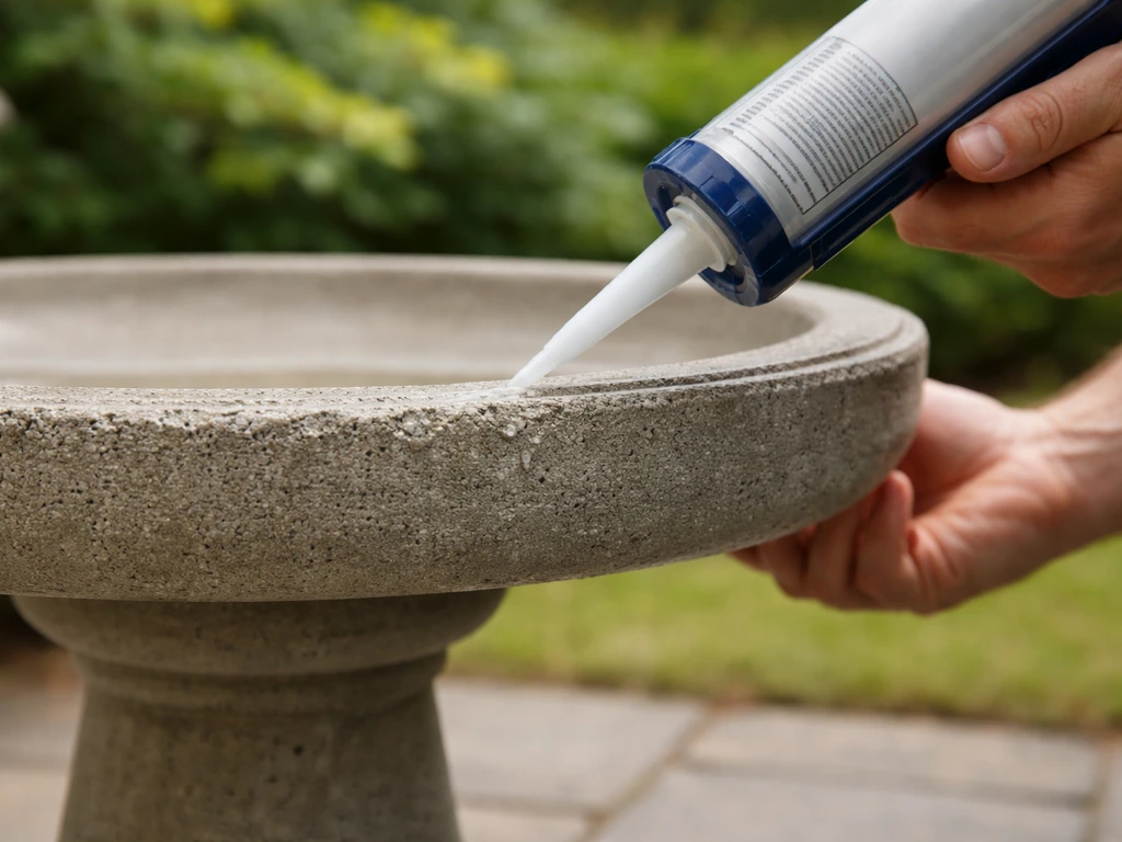 Hands apply clear waterproof sealant bead where a bird bath top meets its pedestal base.