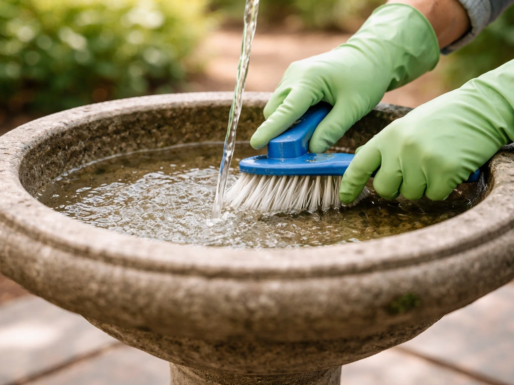 Hands scrubbing a bird bath basin with a stiff brush, then refilling with fresh water outdoors.