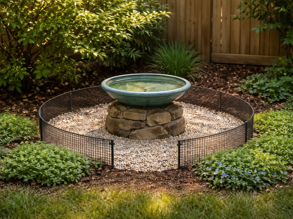 Cat-proof bird bath in a backyard with a low barrier and surrounding landscaping letting birds access safely.