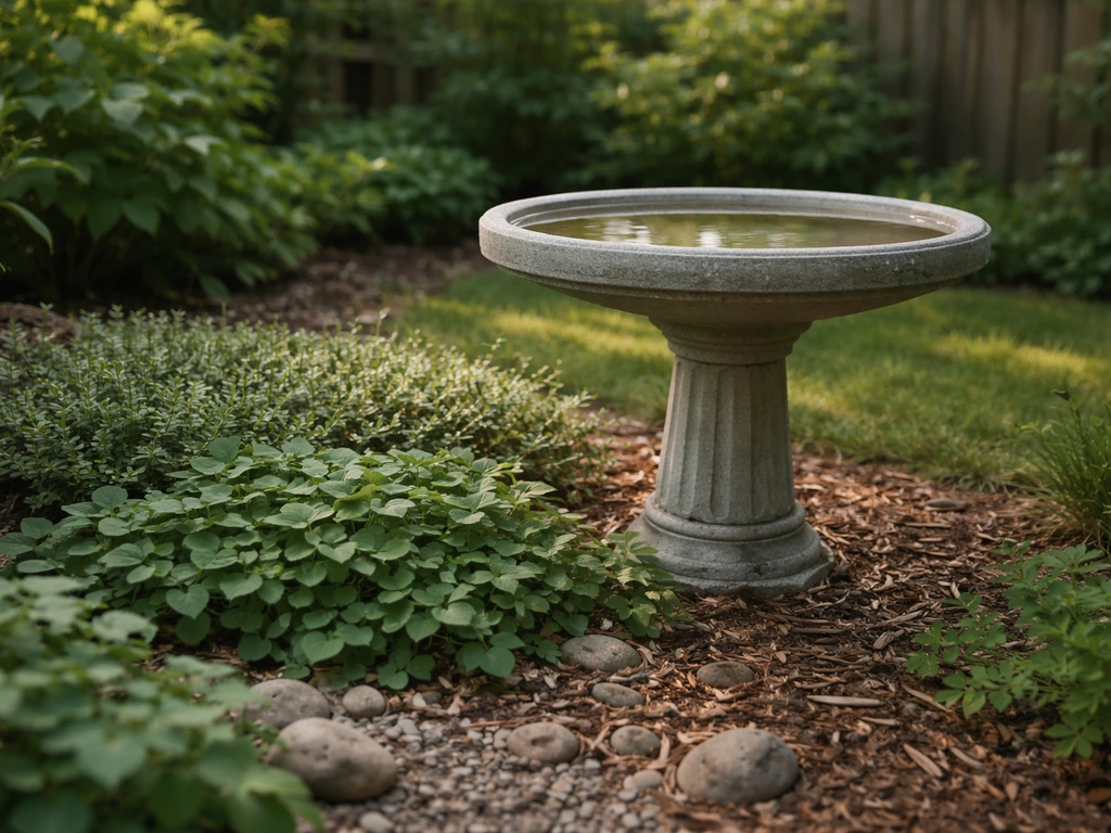 A backyard bird bath surrounded by low plants and cover where cats could approach and drink