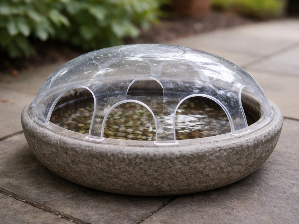 Garden birdbath covered with a bird-accessible protective guard blocking cats while birds can reach the water.