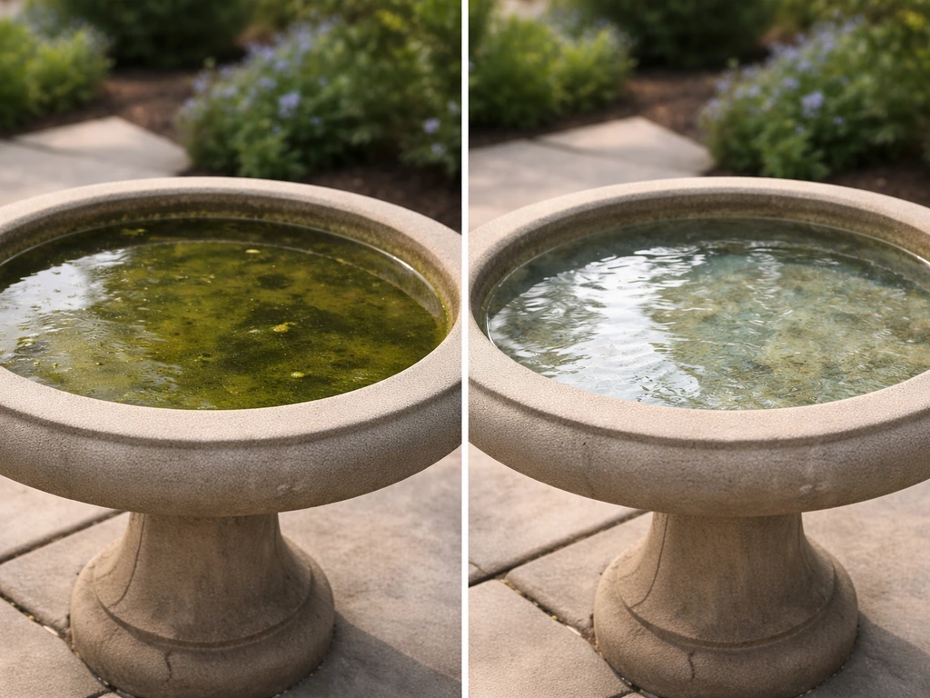 Split view of a bird bath: algae-stained cloudy water on the left, clear clean water on the right.