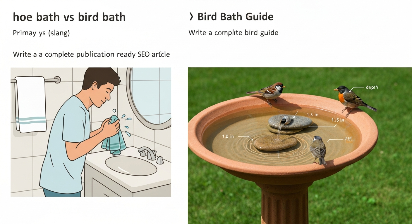 Split illustration: left shows quick indoor sink wash labeled 'hoe bath (slang)'; right shows a garden bird bath with depth markers, stones, dripper, and small songbirds.