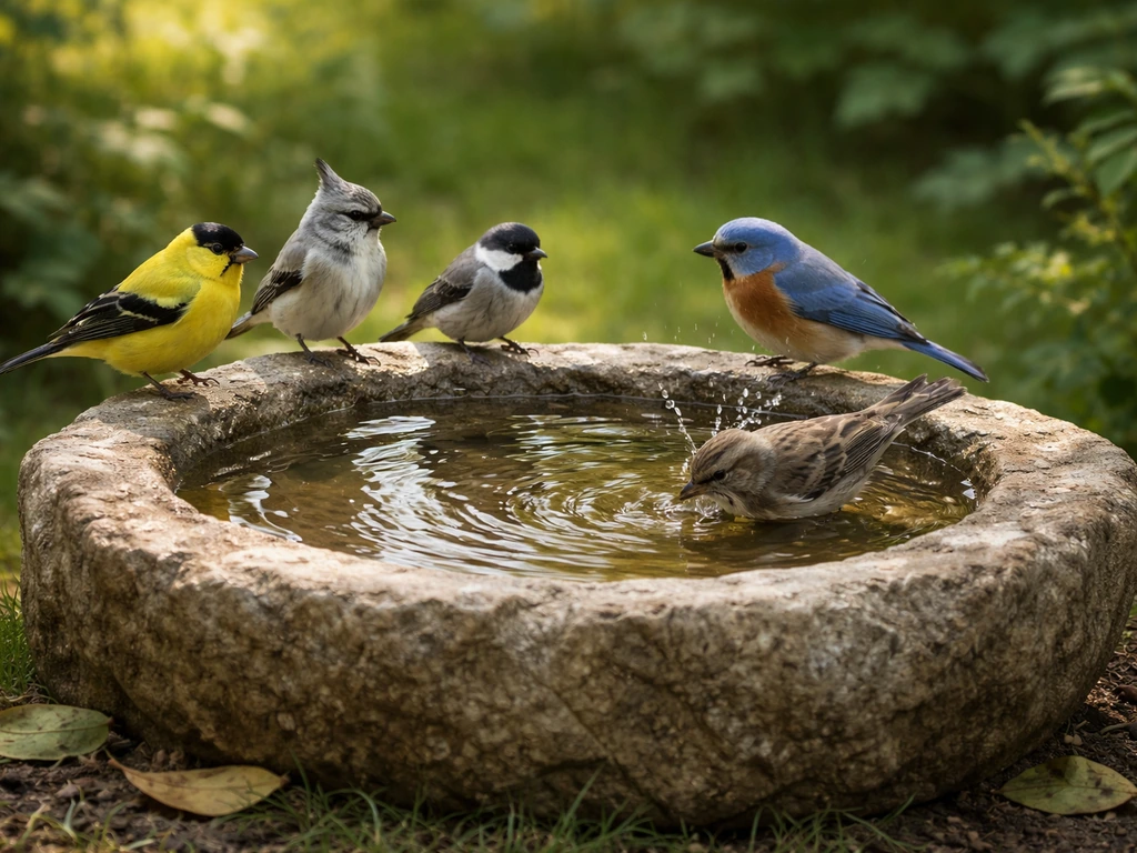 Small birds drink and bathe in a natural stone bird bath in a calm backyard garden.