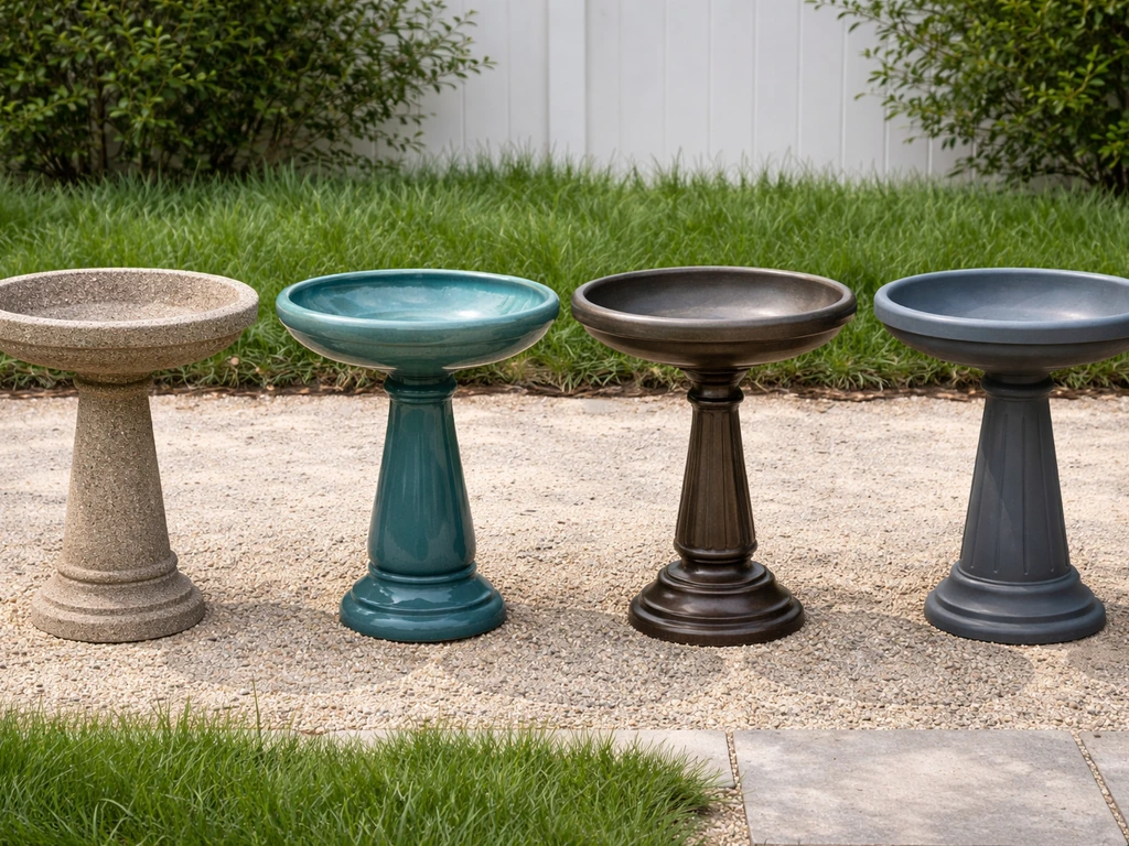 Split scene of bird baths in stone/concrete, ceramic, metal, and recycled plastic materials in a simple yard