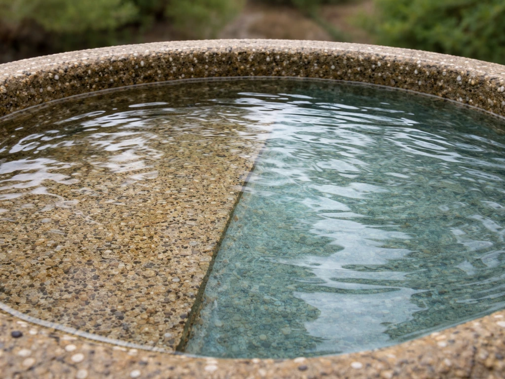 Close-up of a bird bath showing water depth at edges and center, plus textured vs smooth basin surfaces.