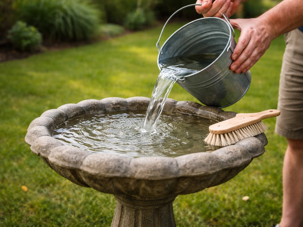 Hands refilling and scrubbing a clear outdoor bird bath in a quiet garden