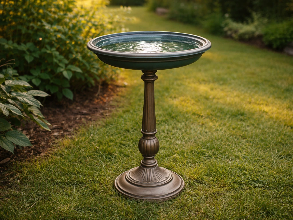 Repurposed old lamp turned into a sealed outdoor bird bath in a garden yard.