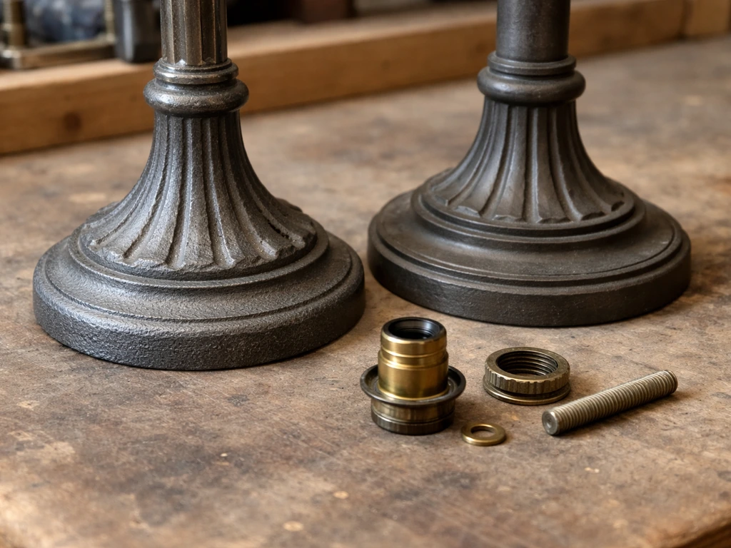 Two old metal lamp bases on a workbench with small reusable parts, photographed in natural light.