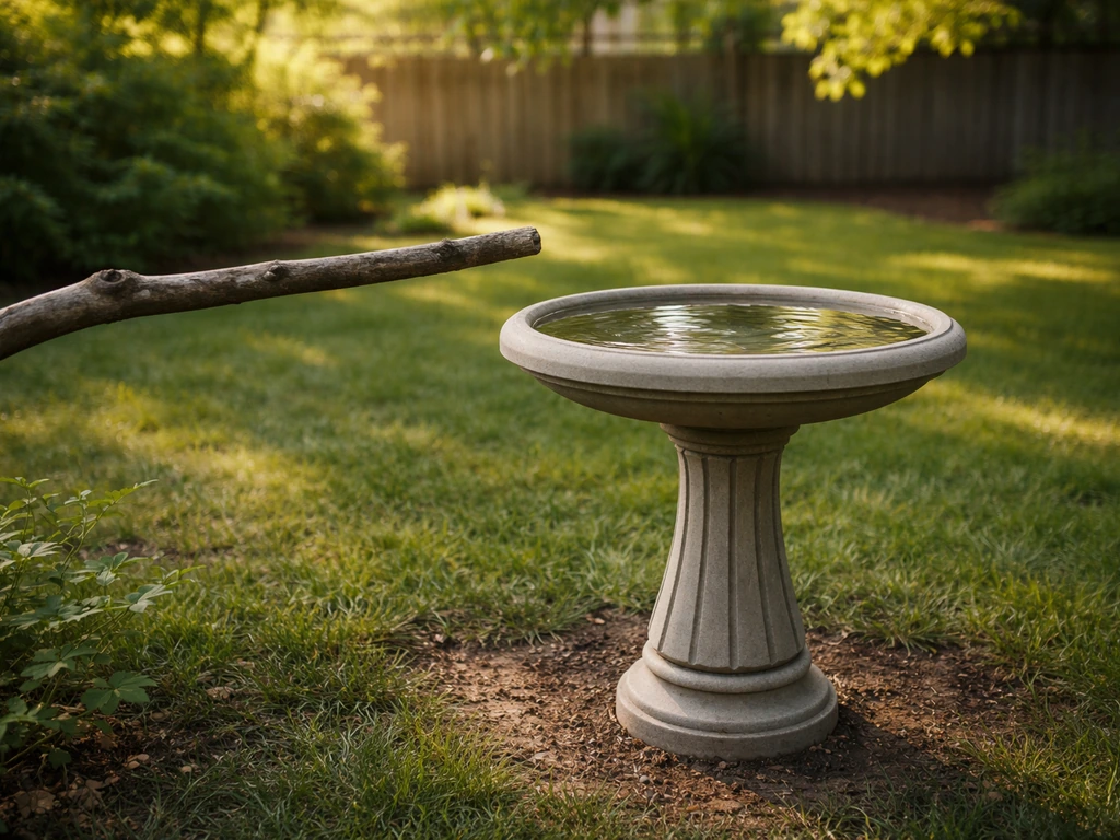 Backyard bird bath on a pedestal near a perch, half in sun and half in shade.