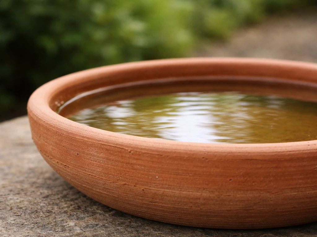 Close-up of a clay bird bath top with water filling the bowl, showing the textured rim